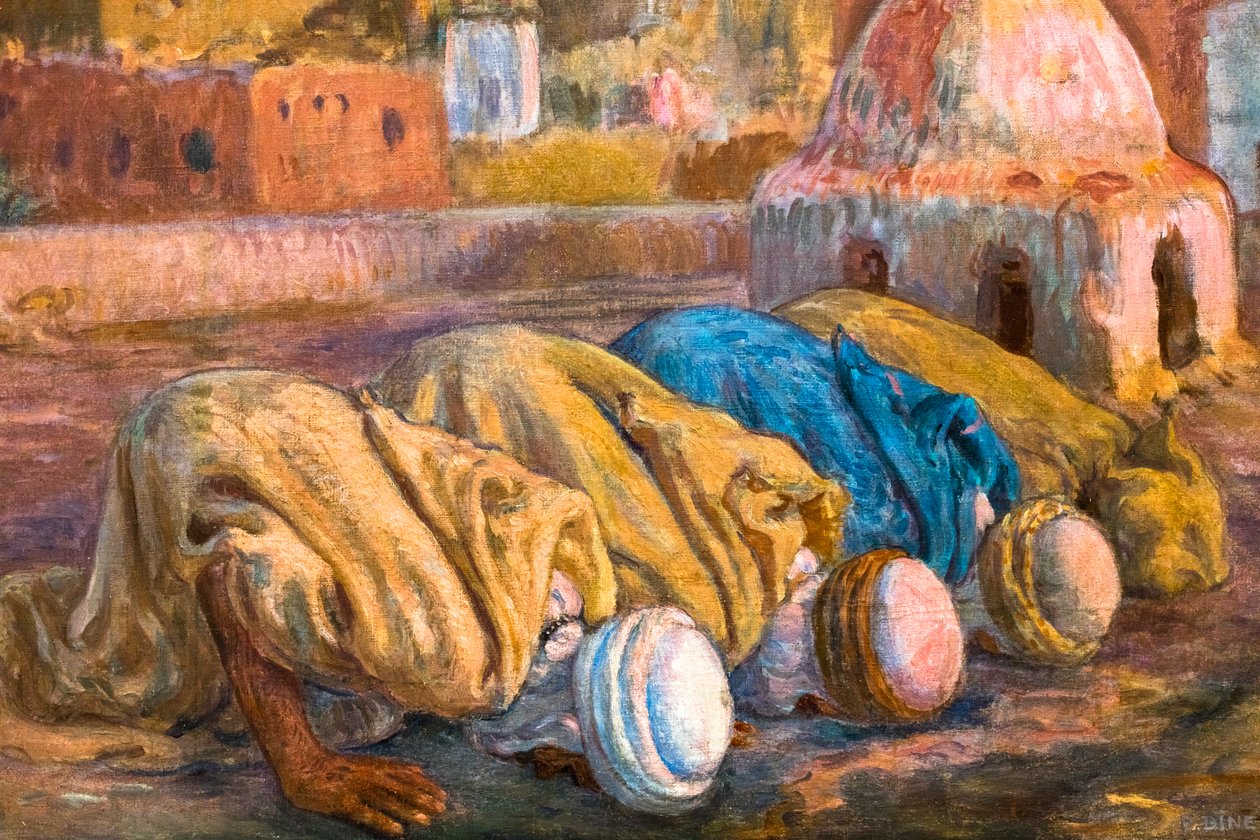 Bou-Saada 或 Es-Sojoud 露台上的祈祷（布面油画） 作者 阿方斯·艾蒂安·迪内