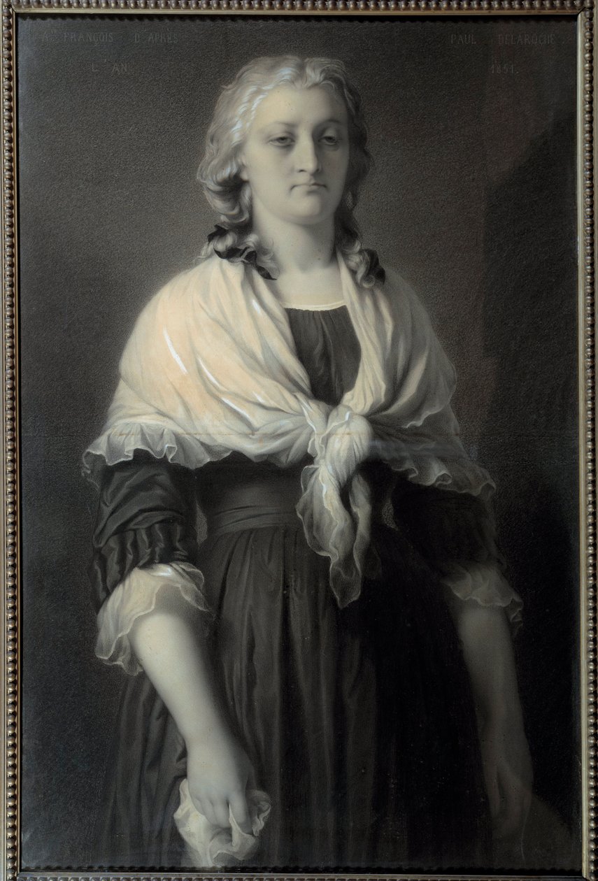 礼宾部玛丽·安托瓦内特王后（1755-1793 年）的肖像 1793 年，女王的代表在哀悼。 Alphonse Francois (1814-1888) 1851 Sun 的木炭画。 0,72x1,11 m Malmaison，城堡博物馆 作者 阿方斯·弗朗索瓦