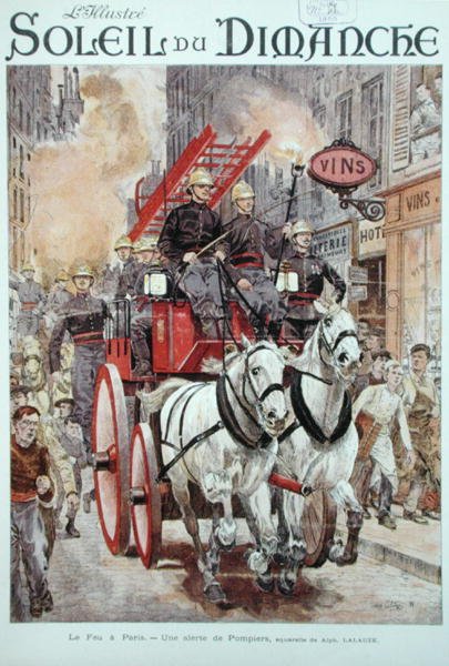 消防员对巴黎的火警作出反应，"Le Soleil du Dimanche "的封面，1899年12月3日（彩色平印）。 作者 阿方斯（Alphonse Lalauze）
