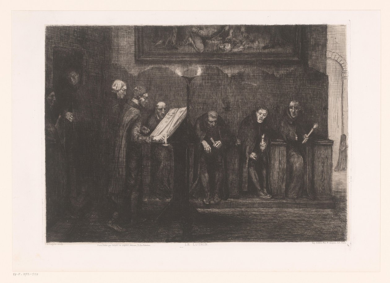 八个人围坐在一张桌子旁 Le lutrin（物体上的标题） 作者 阿方斯·莱格罗斯（Alphonse Legros）