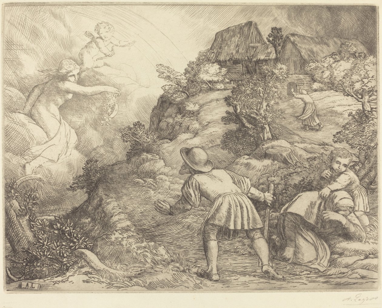 农民和财富的寓言故事 Le paysan et la fortune: Sujet allegorique. 作者 阿方斯·莱格罗斯（Alphonse Legros）
