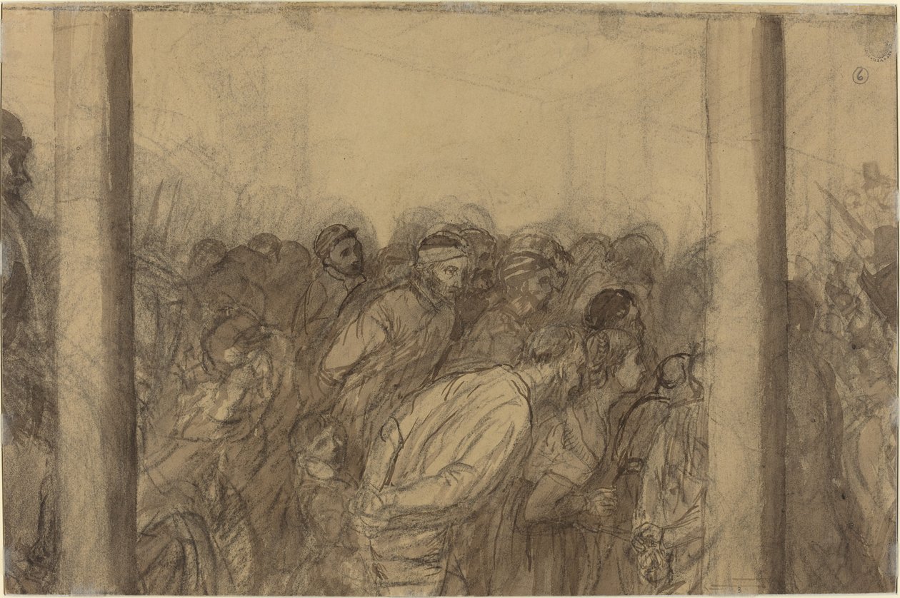在两根柱子之间看到的人群 [背面] 作者 阿方斯·莱格罗斯（Alphonse Legros）