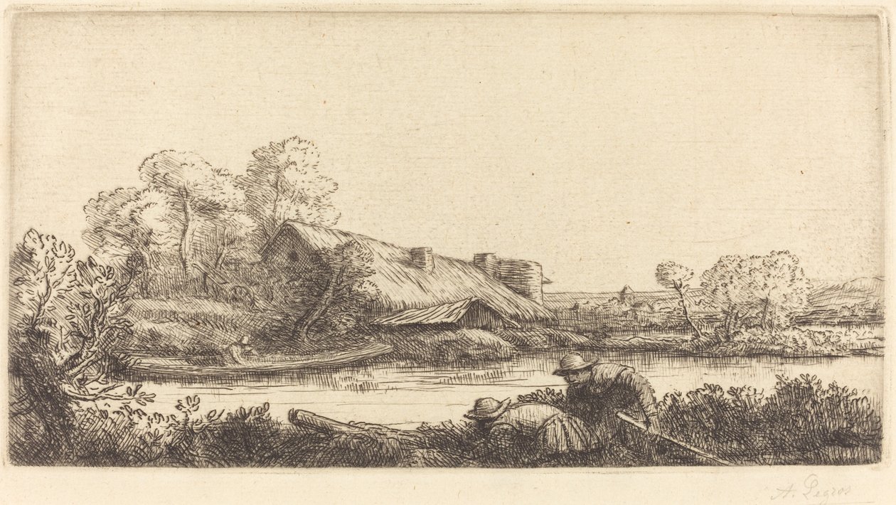 傍晚时分看到的沿河农场 (La ferme sur la riviere: Effet du soir) 作者 阿方斯·莱格罗斯（Alphonse Legros）