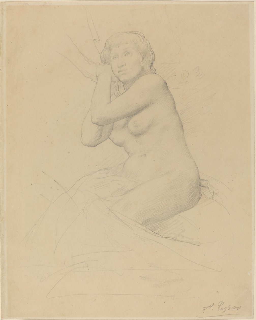 女性裸体坐姿。 作者 阿方斯·莱格罗斯（Alphonse Legros）