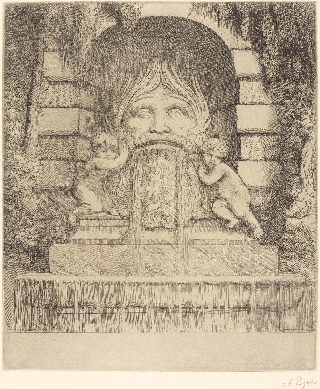 喷泉：怪诞、儿童和盆地 (Une fountaine: Masque, enfants et bassin) 作者 阿方斯·莱格罗斯（Alphonse Legros）