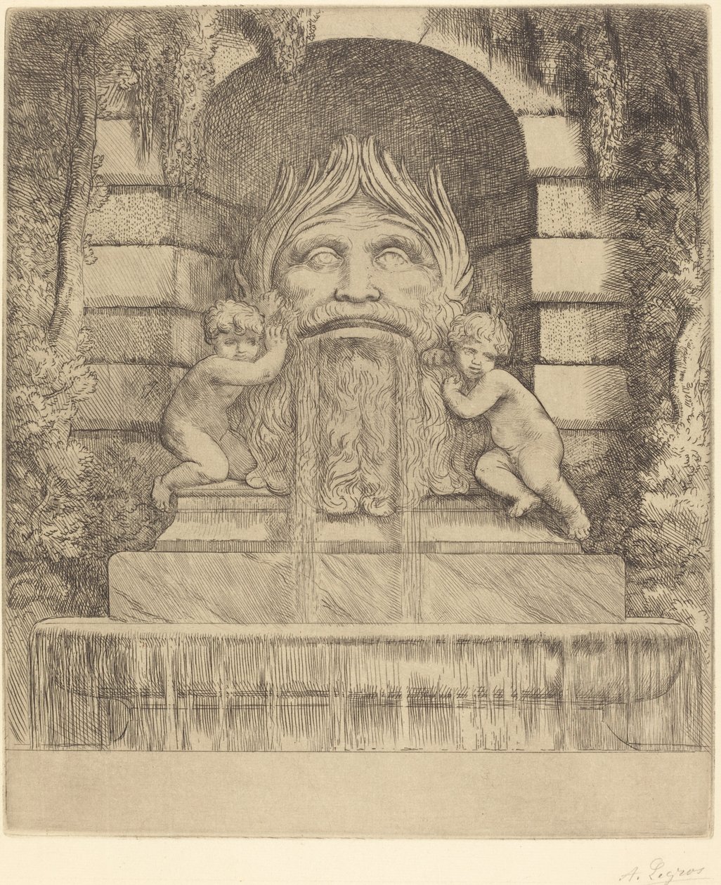 喷泉：怪诞、儿童和盆地 (Une fountaine: Masque, enfants et bassin) 作者 阿方斯·莱格罗斯（Alphonse Legros）