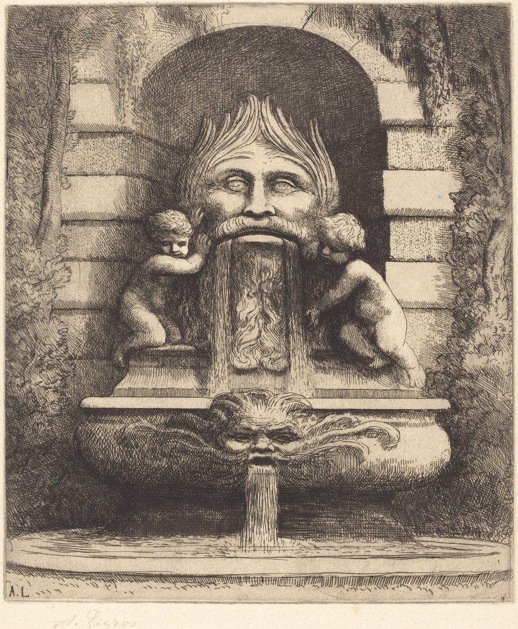 喷泉：怪诞、儿童和盆景 (Une fountaine: Masque, enfants et bassin) 作者 阿方斯·莱格罗斯（Alphonse Legros）