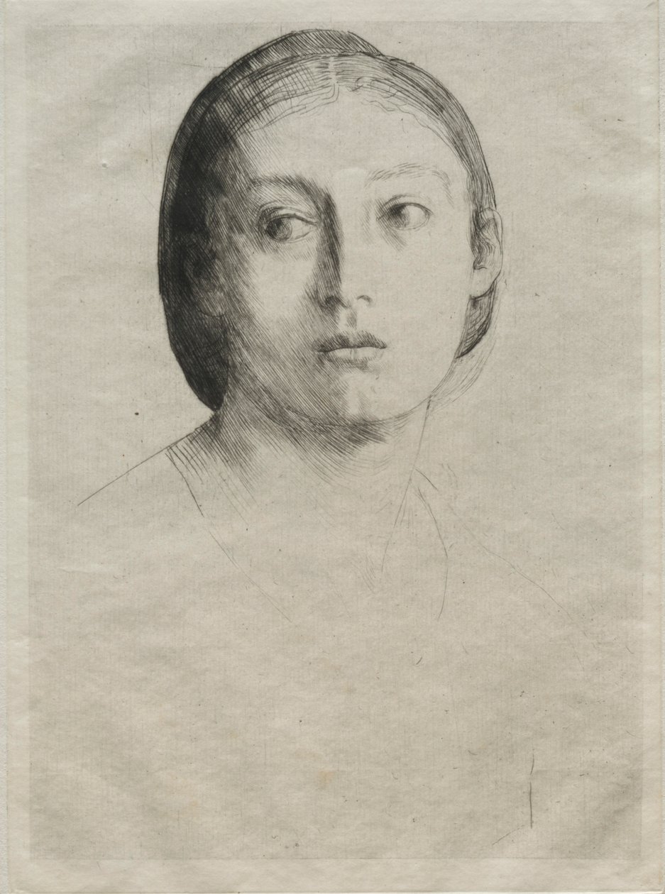 一个年轻女孩的头。 作者 阿方斯·莱格罗斯（Alphonse Legros）