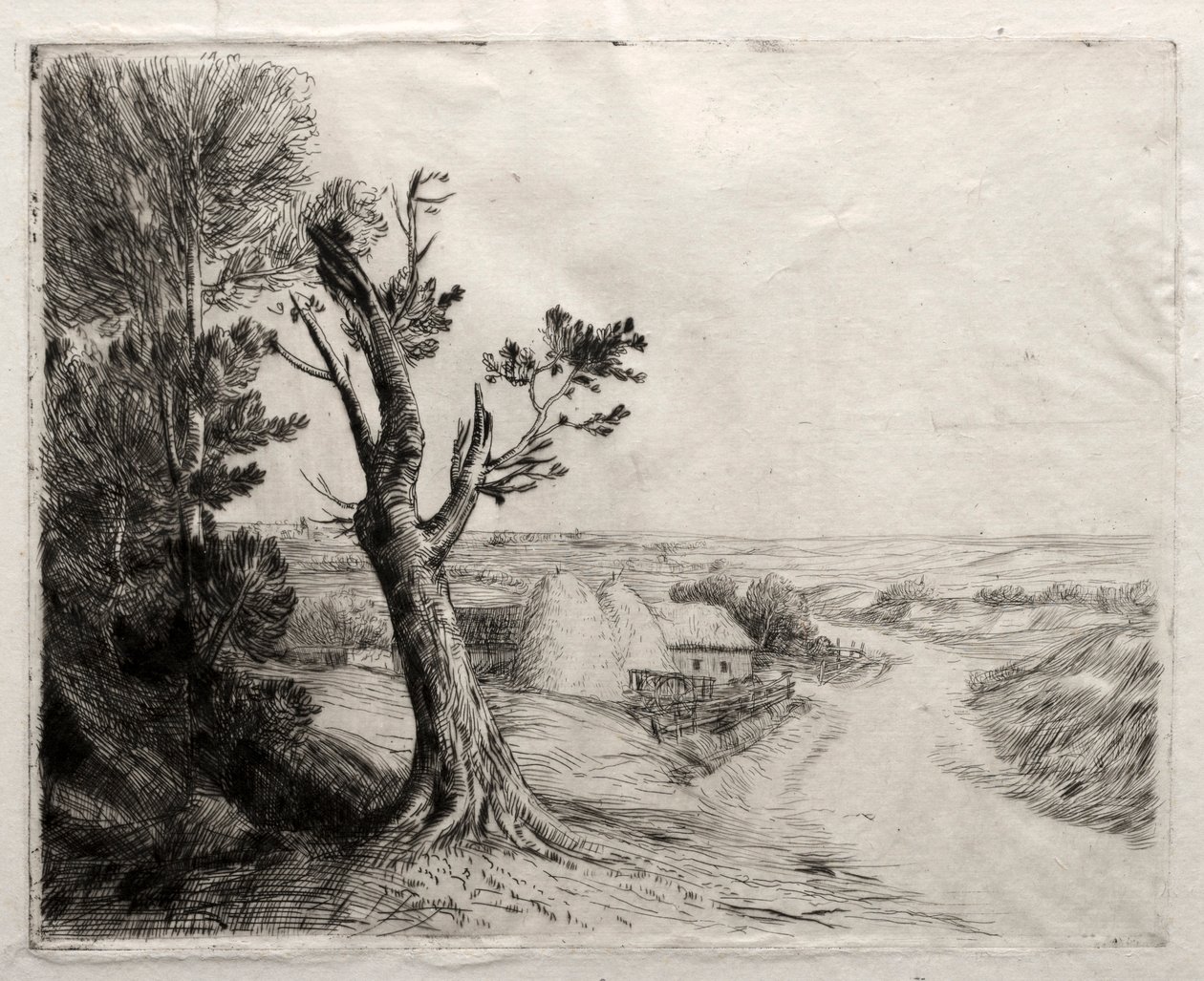 与稻草堆的风景。 作者 阿方斯·莱格罗斯（Alphonse Legros）