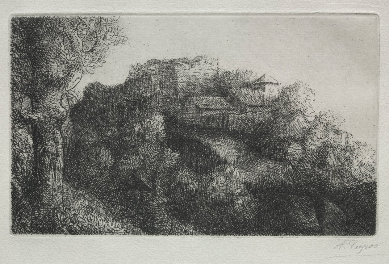 与建筑物的景观。 作者 阿方斯·莱格罗斯（Alphonse Legros）