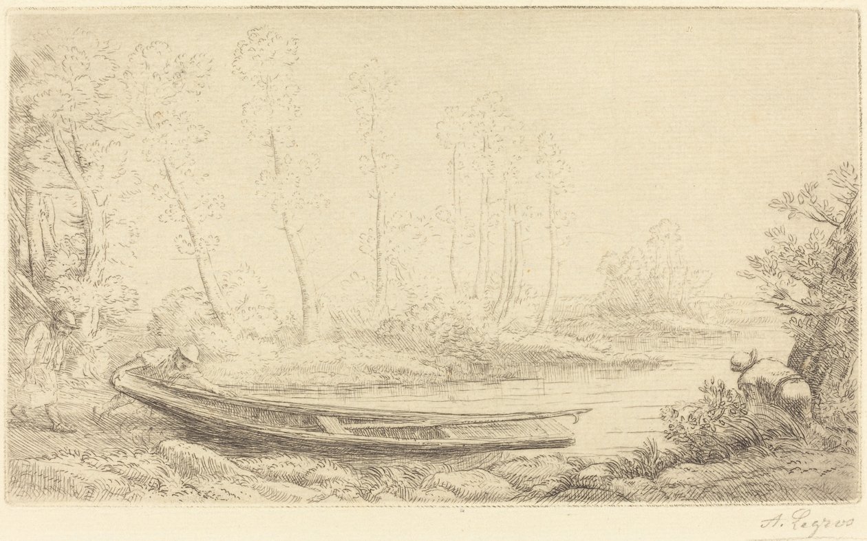 男子带着扑满，图为右边的Pecheurs des truites。 作者 阿方斯·莱格罗斯（Alphonse Legros）
