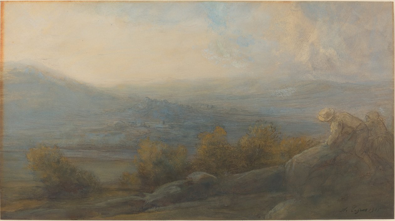 山区风景，右侧有两个人物 作者 阿方斯·莱格罗斯（Alphonse Legros）