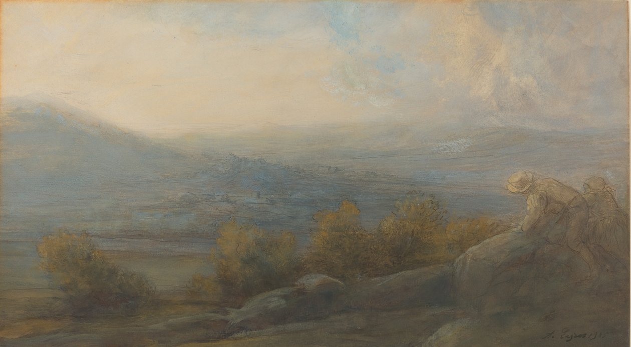 右边有两个人物的山区风景，1905年。 作者 阿方斯·莱格罗斯（Alphonse Legros）