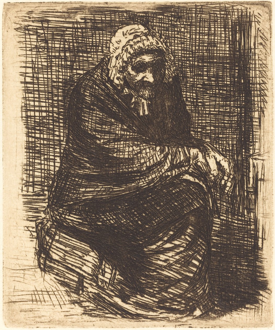 老妇人坐着 La vieille femme assise. 作者 阿方斯·莱格罗斯（Alphonse Legros）