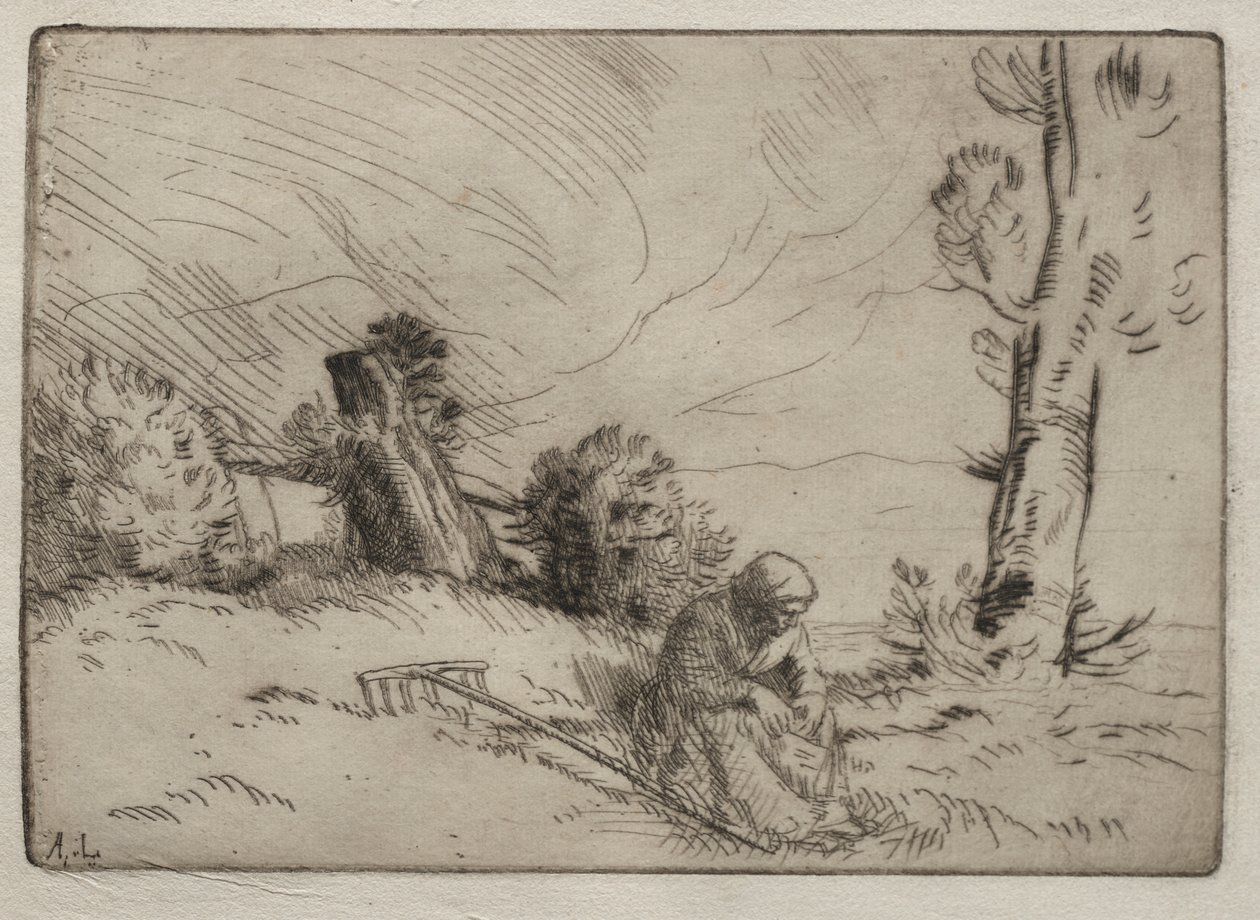 坐在树篱旁的农妇 作者 阿方斯·莱格罗斯（Alphonse Legros）