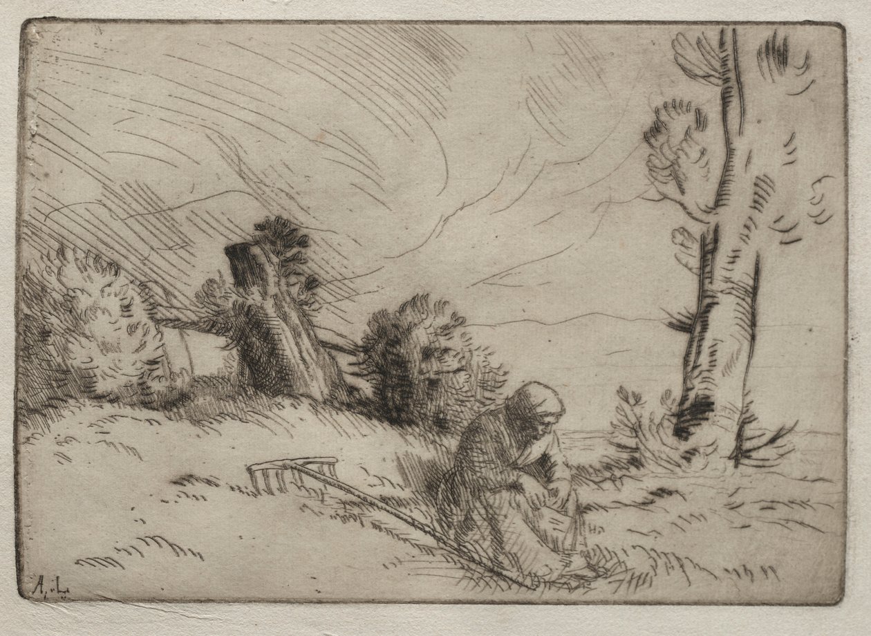 在树篱附近安装的农民妇女。 作者 阿方斯·莱格罗斯（Alphonse Legros）