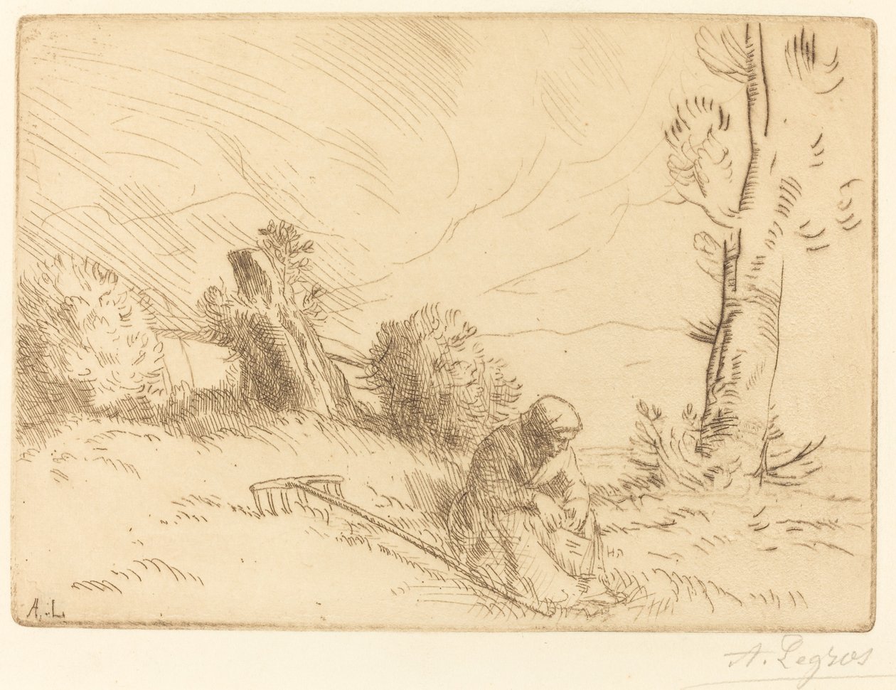 坐在树篱旁的农妇 坐在树篱旁的农妇。 作者 阿方斯·莱格罗斯（Alphonse Legros）