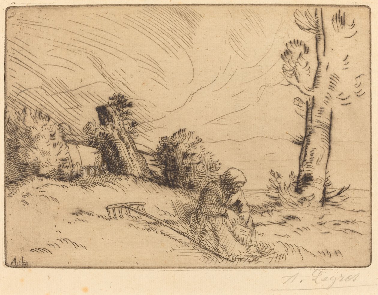 坐在树篱旁的农妇 坐在树篱旁的农妇。 作者 阿方斯·莱格罗斯（Alphonse Legros）