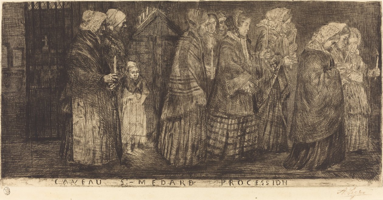 圣梅达尔墓穴中的游行（Procession dans les caveaux de St.Medard）。 作者 阿方斯·莱格罗斯（Alphonse Legros）
