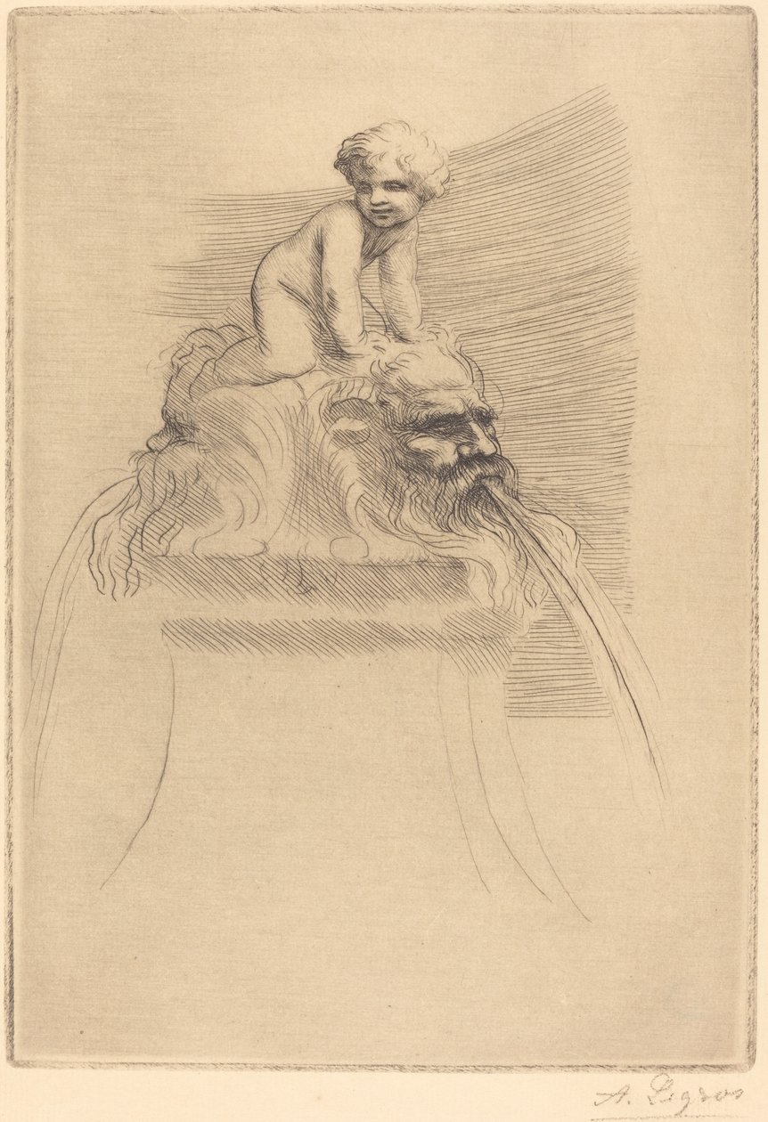 小喷泉，儿童在石雕上玩耍 作者 阿方斯·莱格罗斯（Alphonse Legros）