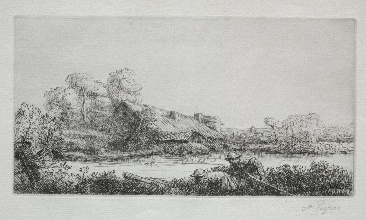 河上的农场河上的农场：晚上效果。 作者 阿方斯·莱格罗斯（Alphonse Legros）