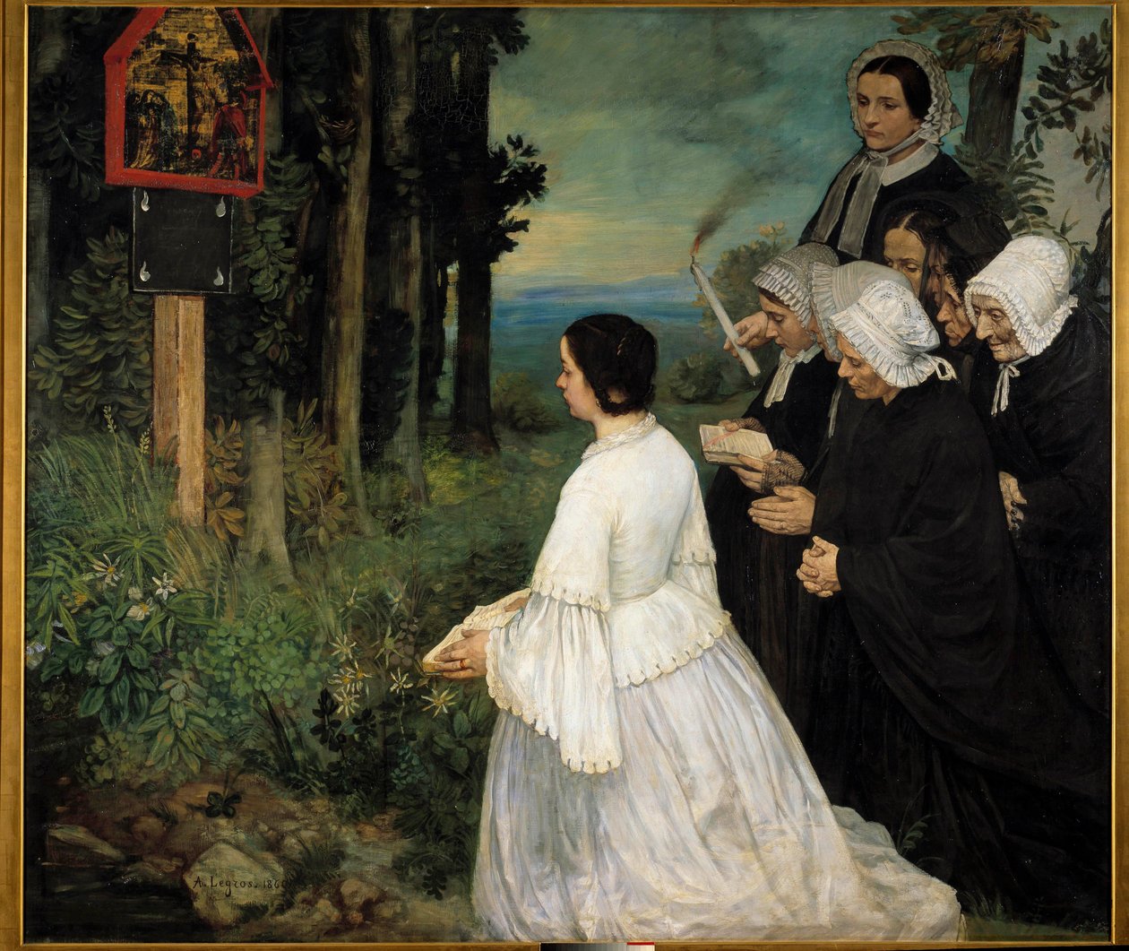 前投票妇女（身着传统服装布列塔尼人？）聚集在前投票前。 Alphonse Legros (1837-1911) 1860 年作画。 1,74x1,97 m 第戎，美术博物馆 作者 阿方斯·莱格罗斯（Alphonse Legros）