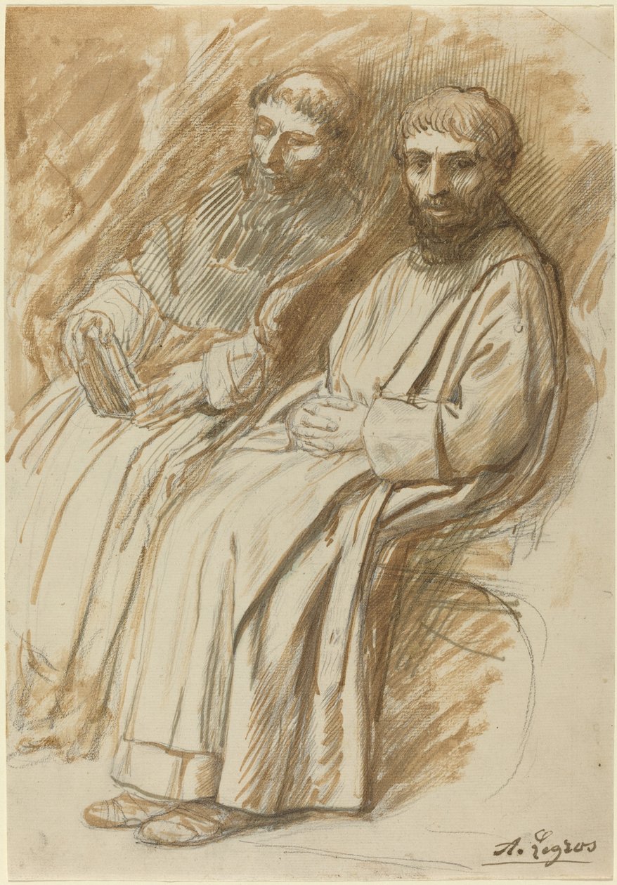 坐在教堂里的两个僧人。 作者 阿方斯·莱格罗斯（Alphonse Legros）