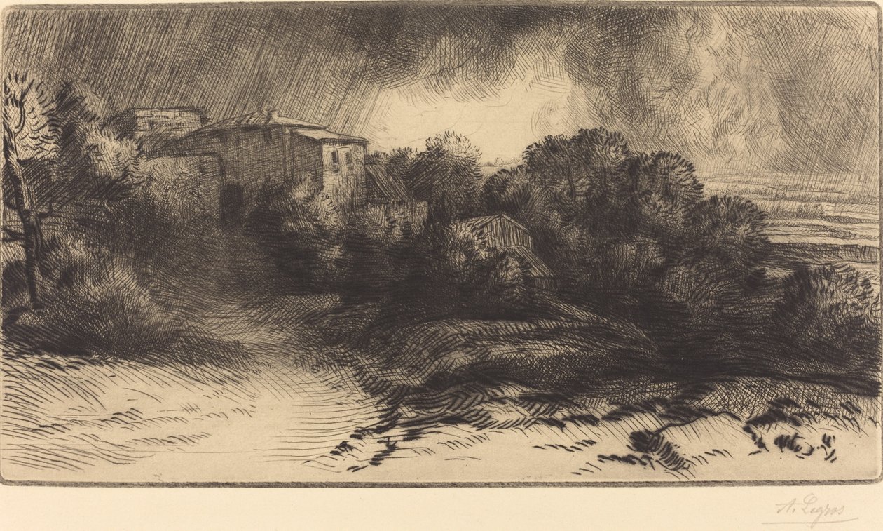 暴风雨中看到的农场景色 La ferme de Brieux 暴风雨效果。 作者 阿方斯·莱格罗斯（Alphonse Legros）