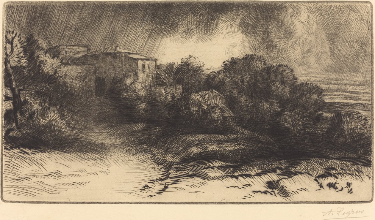 暴风雨中看到的农场景色 La ferme de Brieux 暴风雨效果。 作者 阿方斯·莱格罗斯（Alphonse Legros）