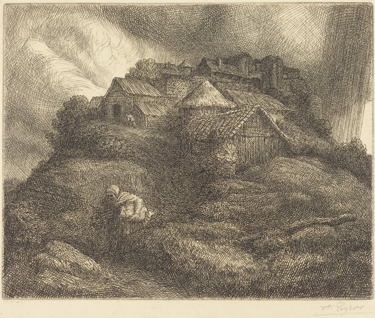 暴风雨中的圣皮埃尔村（Village de Saint-Pierre; Storm effect）。 作者 阿方斯·莱格罗斯（Alphonse Legros）