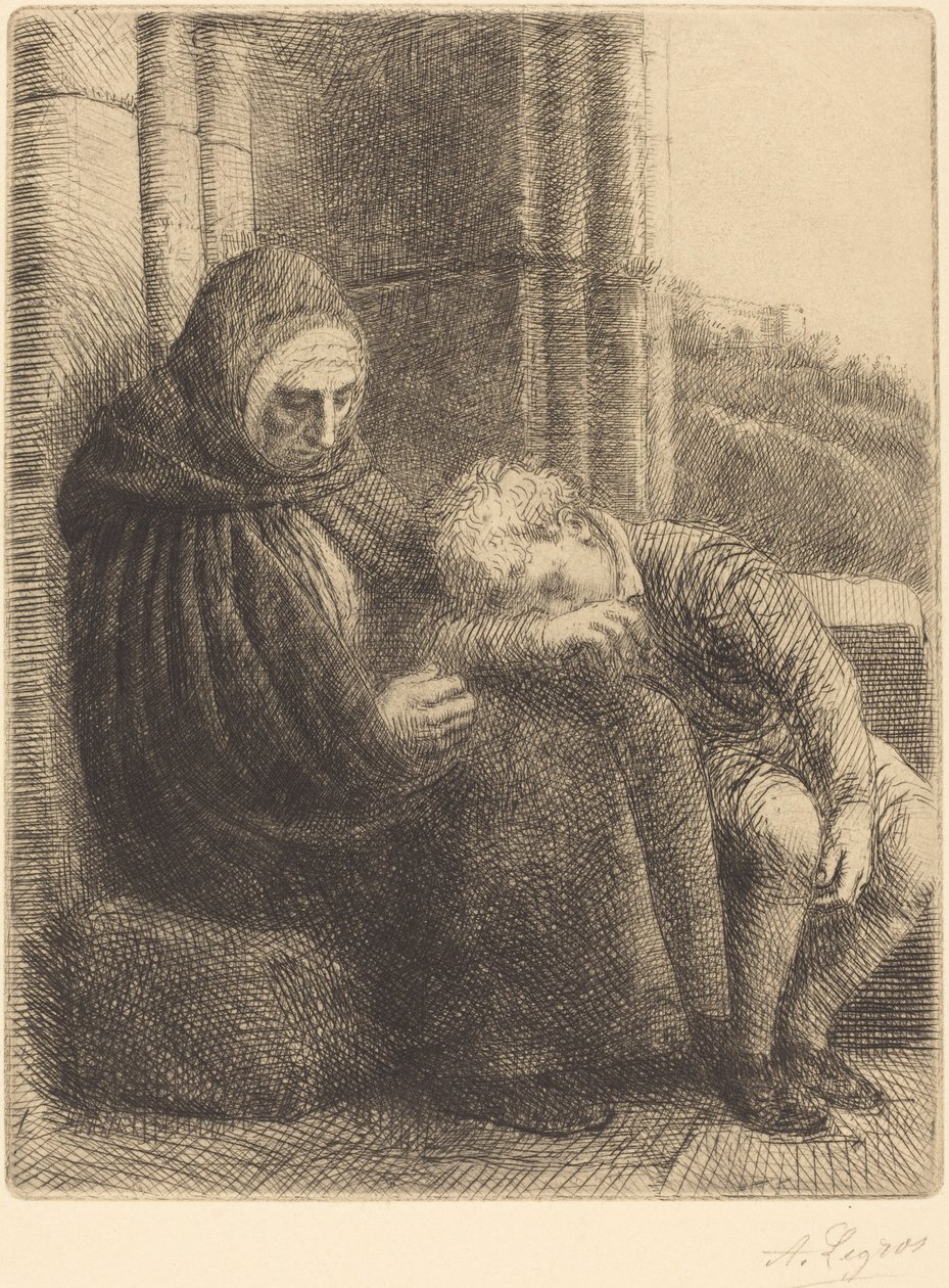 妇女靠墙而坐，孩子把头放在她的腿上（Femme assise, muraille au fond, enfant la tete dans son giron 作者 阿方斯·莱格罗斯（Alphonse Legros）