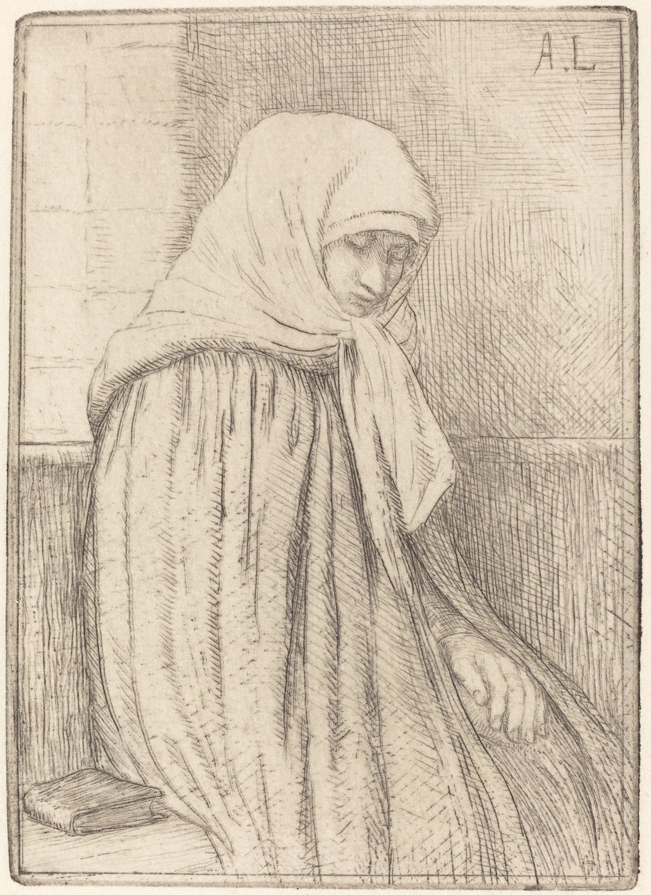 坐在教堂里的年轻农民 Jeune paysanne assise dans une eglise. 作者 阿方斯·莱格罗斯（Alphonse Legros）