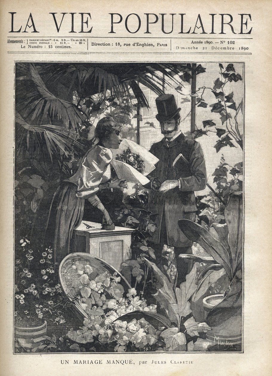 一个优雅的男人在花店买花。插图：阿尔方斯-玛丽-穆夏（Alphonse Marie Mucha 作者 阿方斯·慕夏