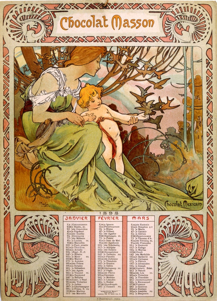 穆夏 (1860 – 1939) 所绘的巧克力马森日历。 捷克新艺术派画家 作者 阿方斯·慕夏