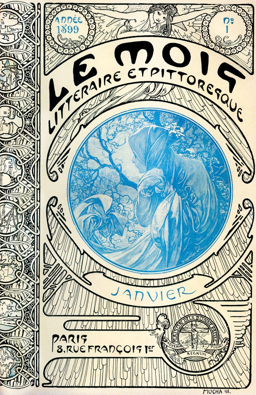 杂志封面（月刊） The Literary and Picturesque Month by Alphonse Mucha (1860-1939)：1899 年 1 月 - Maison de la Bonne Presse - 作者 阿方斯·慕夏