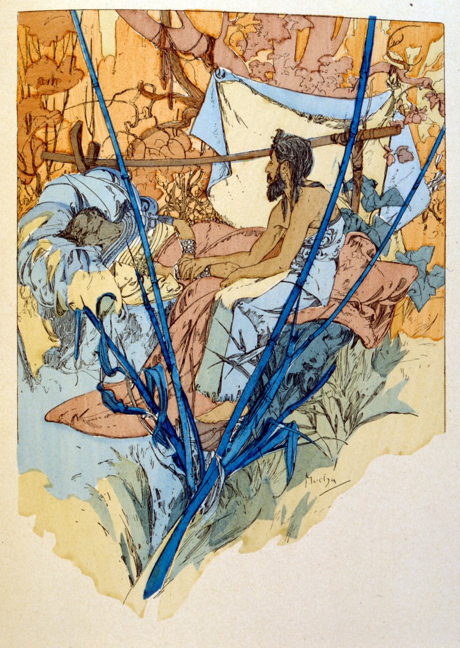阿尔方斯·穆夏 (Alphonse Mucha) 来自“拉玛”的插图，保罗·维罗拉 (Paul Verola) 的三幕诗。 约 1898 年。 穆夏 (1860 – 1939)。 是一位捷克新艺术派画家 作者 阿方斯·慕夏