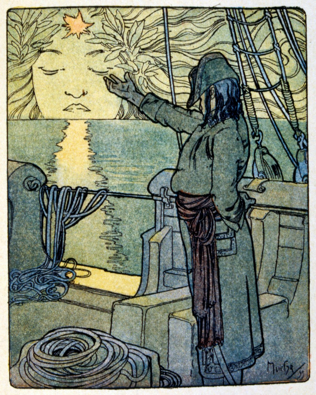 阿尔方斯·穆夏为《克里奥》（1900 年）一书绘制的插图。 法国作家。 阿纳托尔法国。 阿纳托尔·法兰西 (1844 – 1924)。 是一位法国诗人。 记者。 和小说家。 作者 阿方斯·慕夏