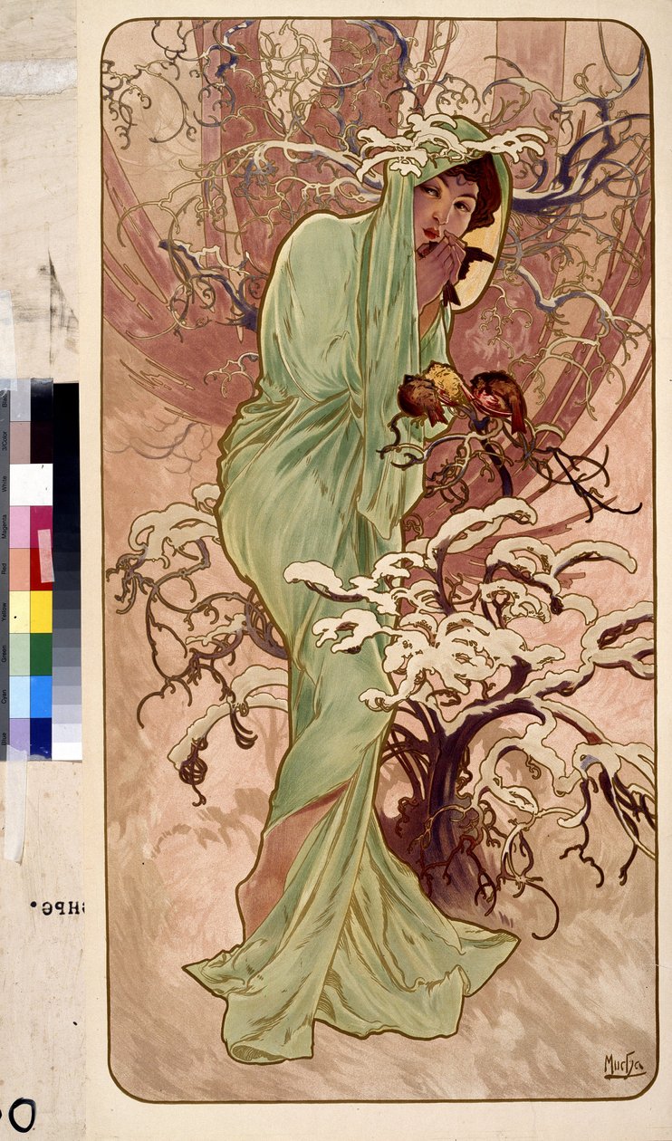 冬天（四季寓言系列）。阿方斯-玛利亚-穆夏（Alphonse Marie Mucha）的作品 作者 阿尔方斯·玛丽·穆夏