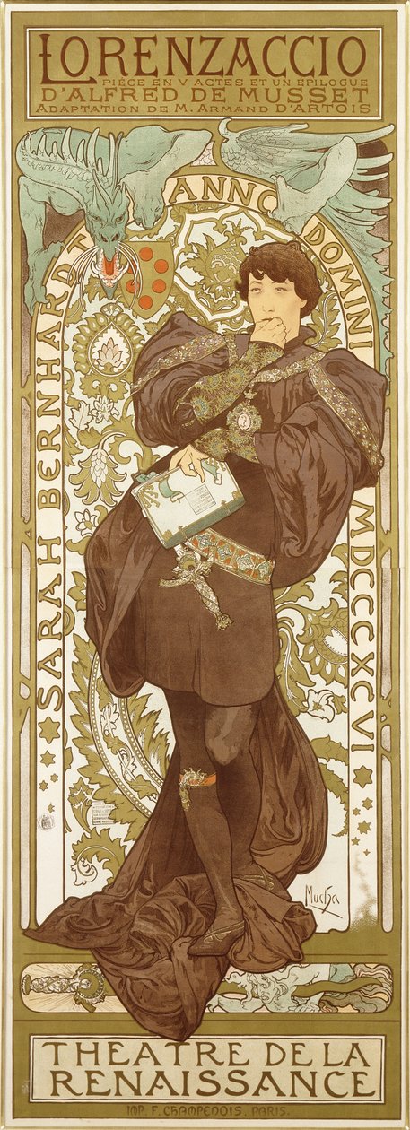 洛伦扎乔（Lorenzaccio），描绘了萨拉·伯恩哈特（Sarah Bernhardt）的角色，1896年 作者 阿方斯·慕夏