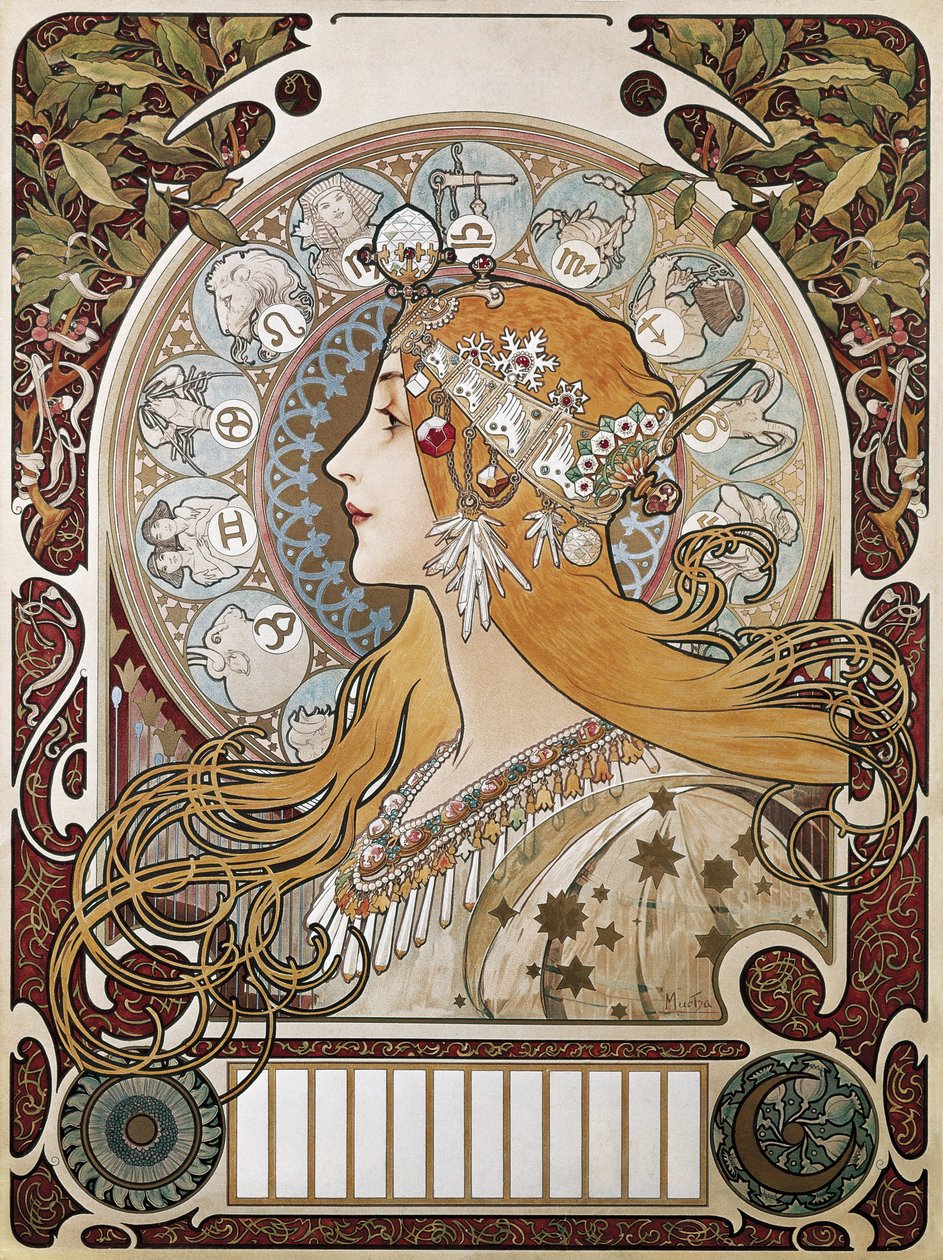 穆夏，阿尔方斯-玛丽亚（1860-1939 年）。黄道十二宫》。1896.(67 x 48 厘米）。La Plume》（《羽毛》）杂志的广告海报和日历。现代主义。文学 作者 阿尔方斯·玛丽·穆夏