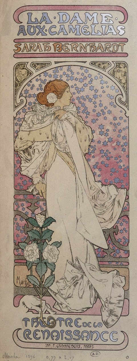 Poster for “La dame au camélias”” at the Renaissance Theatre with Henriette Rosine Bernard dit Sarah Bernhardt (1844-1923) - by Mucha 作者 阿方斯·慕夏
