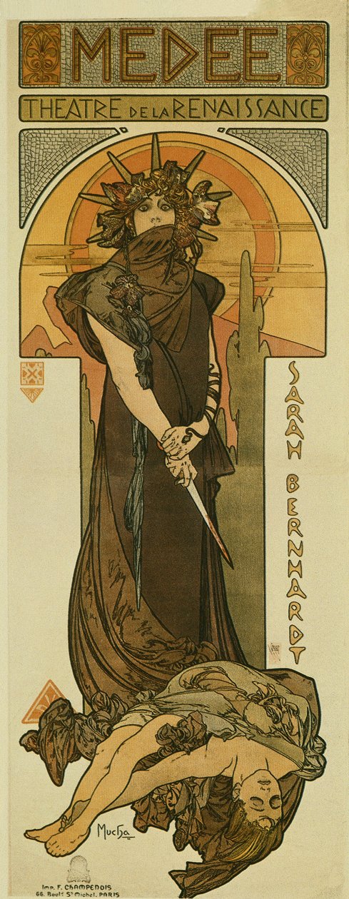 莎拉·伯恩哈特（Sarah Bernhardt）作为文艺复兴时期剧院的混血儿。 1898年（石版画） 作者 阿方斯·慕夏