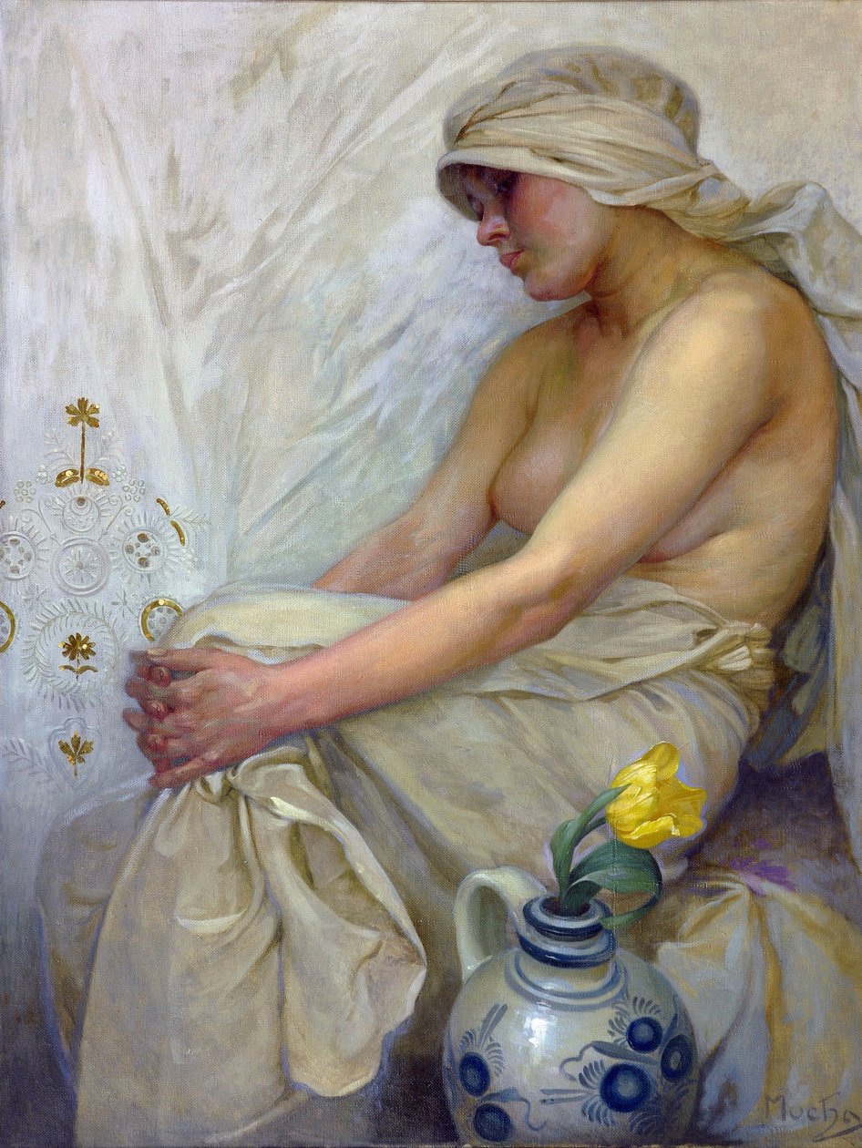 坐在穆夏的女孩，阿尔方斯玛丽（1860-1939），c。 1914 年 - 画布上的蛋彩画，80x60 - 私人收藏 作者 阿方斯·慕夏