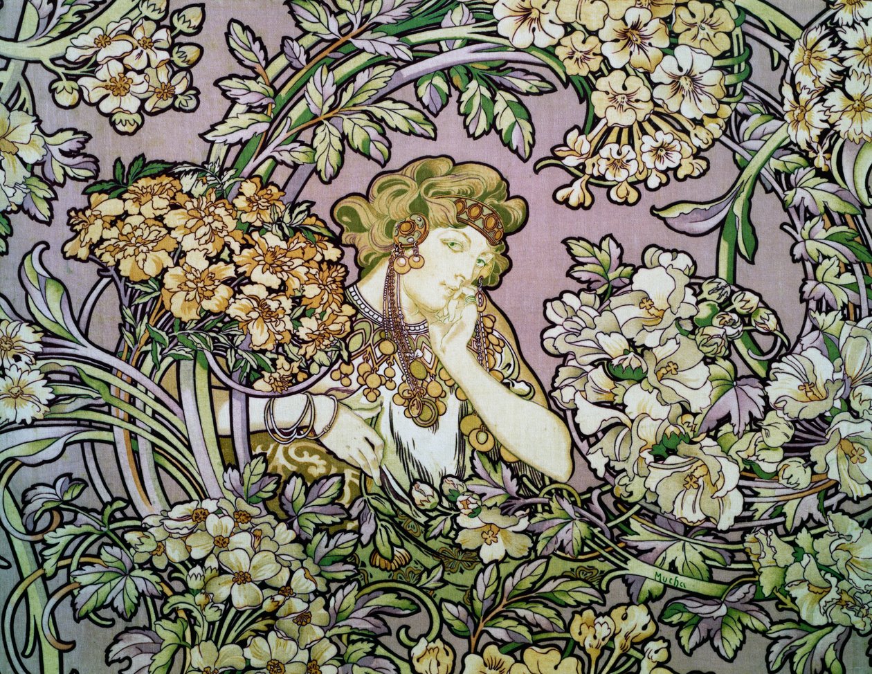 花丛中的女人，约 1900 年（丝绒上的石版画） 作者 阿尔方斯·玛丽·穆夏