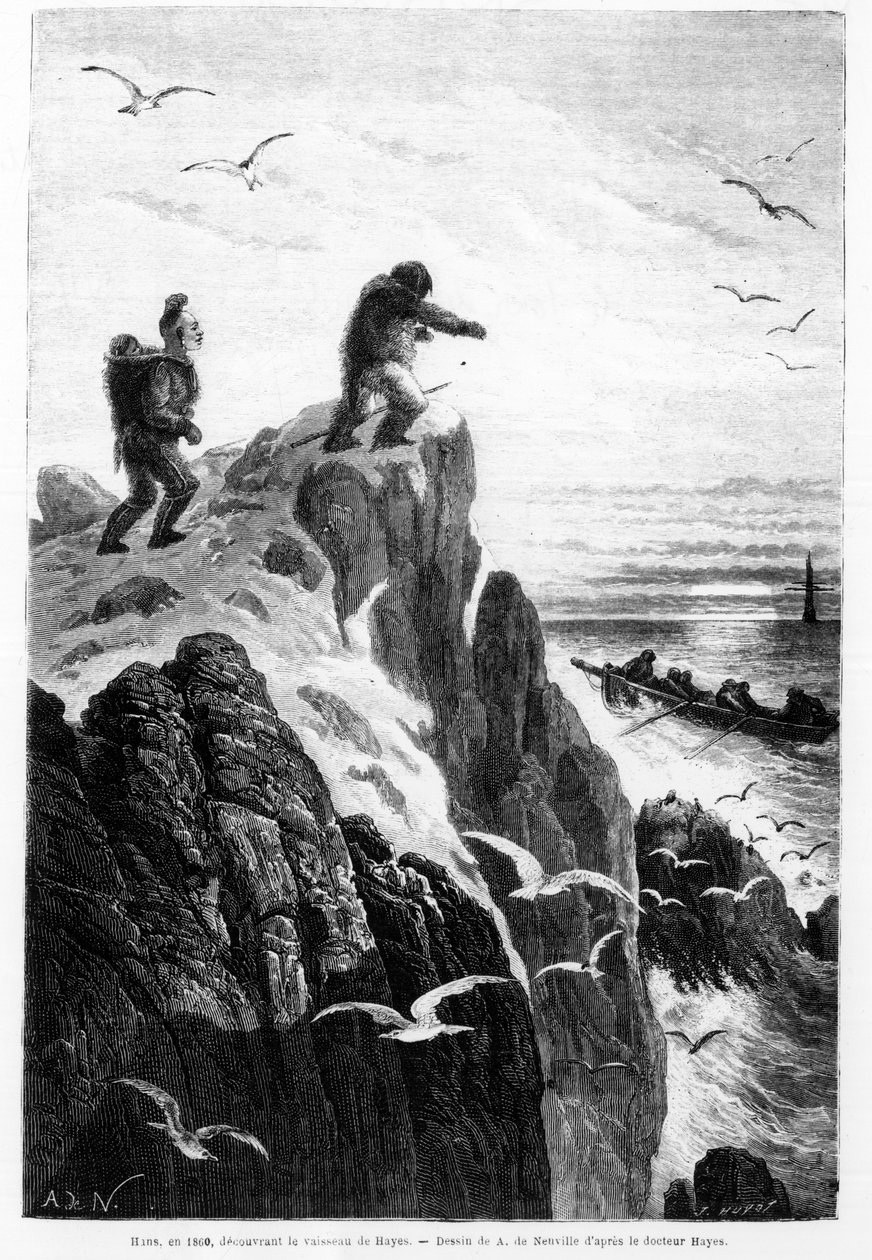 汉斯在 1860 年发现了海耶斯的船——海耶斯博士在“极地的自由海，北极海域的发现之旅”中从诺伊维尔画的 作者 阿方斯·玛丽·德·诺伊维尔