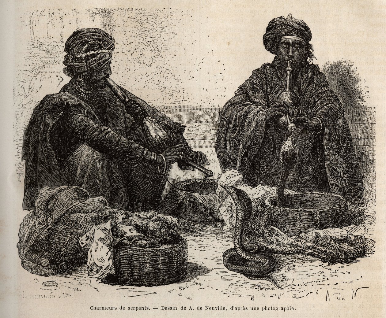Les chareurs de serpents，交易爬行动物，他们通过吹他们的 toumril（长笛）来吸引爬行动物，在 A. de Neuville 的画后雕刻，描绘了 1864-1868 年由 Louis Rousselet 出版的 Rajahs 到印度的航行 在“”乐游 作者 阿方斯·玛丽·德·诺伊维尔