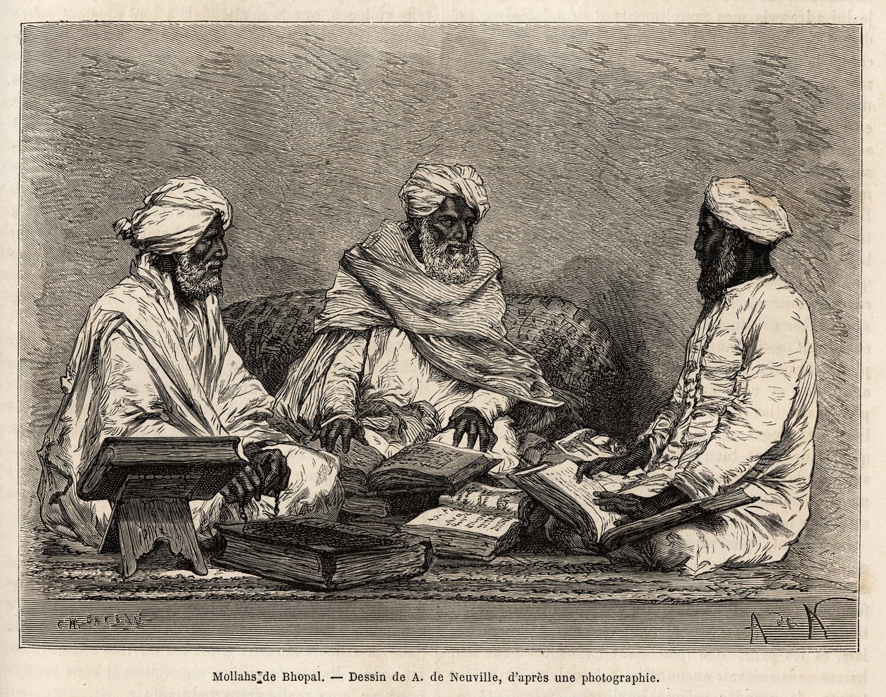 Les mullahs de la mosque de Bhopal, in full discussion of the contentious points of the Muslim religion, engraving after the drawing of A. de Neuville, illustrating the journey in India of the Rajahs, in 1864-1868, by Louis Rousselet, published in “” Le to 作者 阿方斯·玛丽·德·诺伊维尔