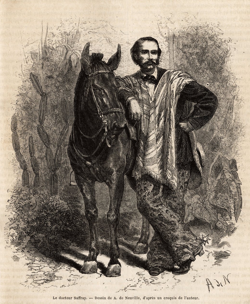 Portrait of Dr. Saffray, arms on his mount, in travel dress, engraving after the drawing of A. de Neuville, illustrating the voyage to New Granada, by Dr. Saffray, in 1869, published in “” Le tour du monde””” 1873, edited by Edouard Charton, Hachette editi 作者 阿方斯·玛丽·德·诺伊维尔