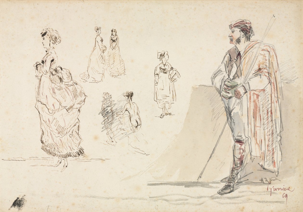 人物素描，1869年。 作者 阿方斯·玛丽·德·诺伊维尔