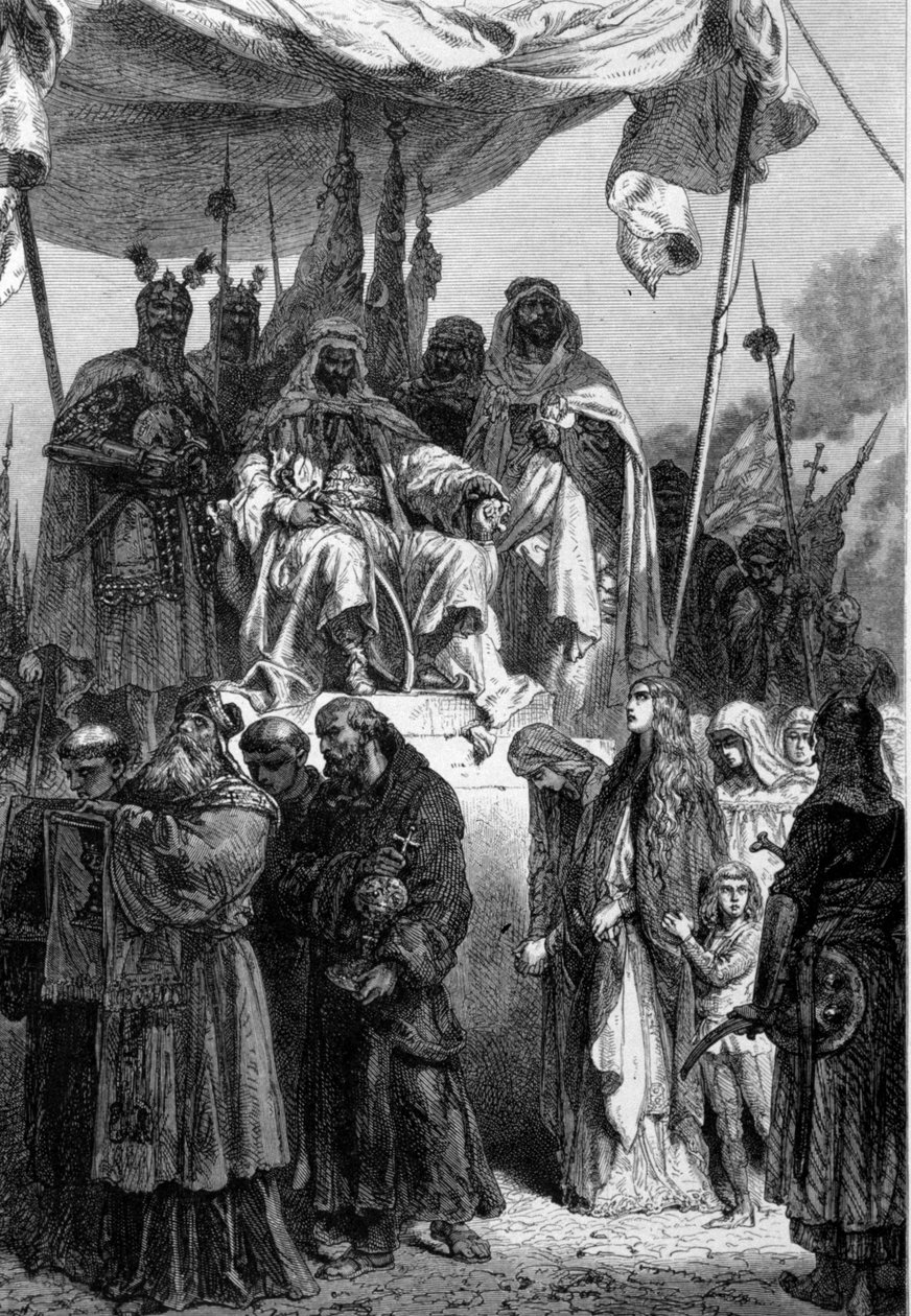 耶路撒冷的基督徒在萨拉丁 (1138-1193) (Salah al-Din Yusuf al-Ayyubi (al-Ayyubi) 之前在 1187 年攻占这座城市后离开。1879 年 Neuville 的雕刻。 作者 阿方斯·玛丽·德·诺伊维尔